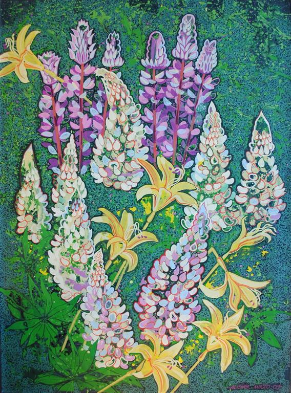 Liljer og lupiner Akrylmaleri 104,5x75 cm 10000 ur