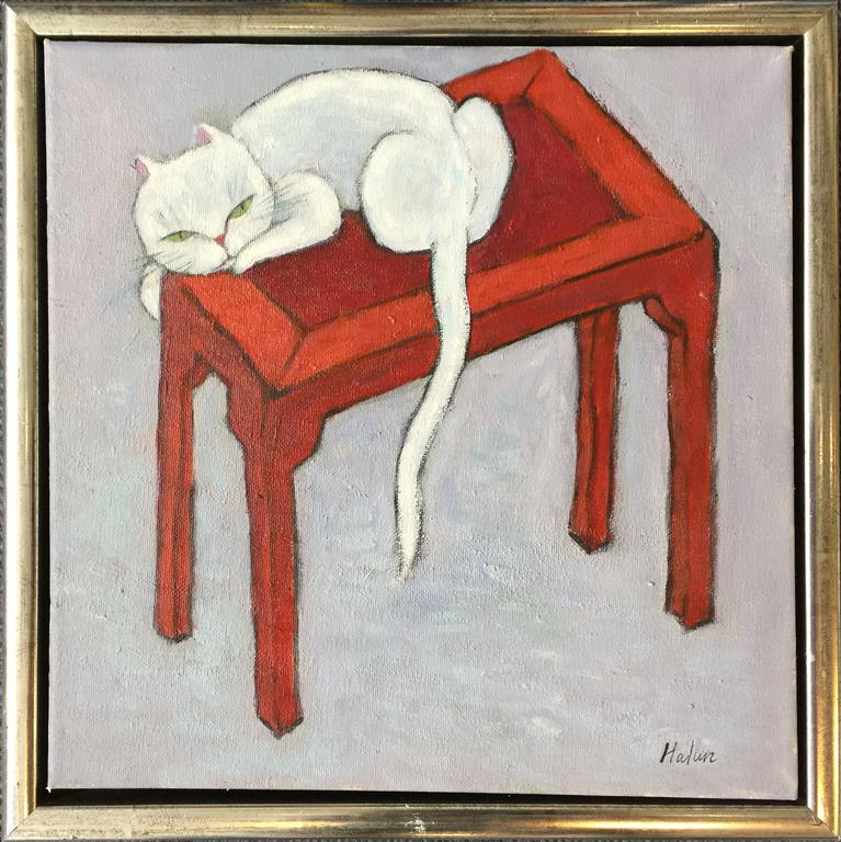 Hvit katten på benken Akrylmaleri (30x30 cm) kr 2000 mr