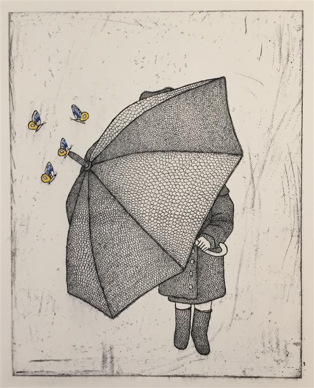 Girl with umbrella in front Etsning håndkolorert  (30x24 cm) kr 2000 ur