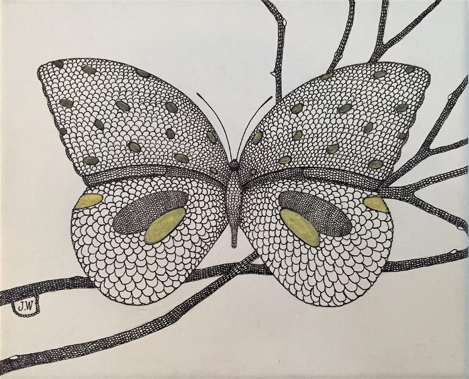 Sommerfugl på gren Tekstiltusj og akryl på lin lerret (22x27 cm) kr 2800 ur