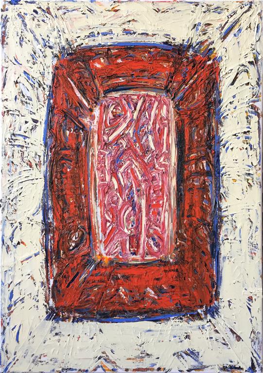 Kjell Pahr-Iversen "Ikon, rød kjerne" Oljemaleri (100x70 cm) kr 45000 ur