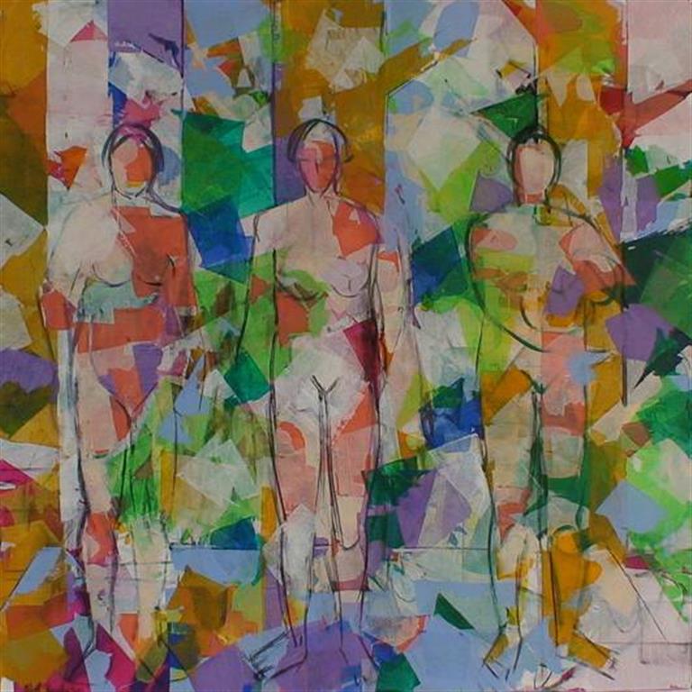 Tre kvinner i skog Akrylmaleri (100x100 cm) kr 15000 ur