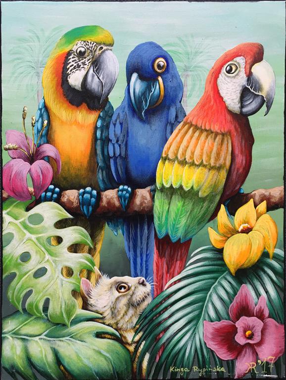 Papugi i kotek Akrylmaleri (50x40 cm) kr 4000 ur