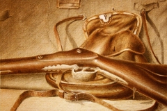 P. Chr. Asbjoernsens gevaer og kruttpug Litografi 24x30 cm 1500 ur
