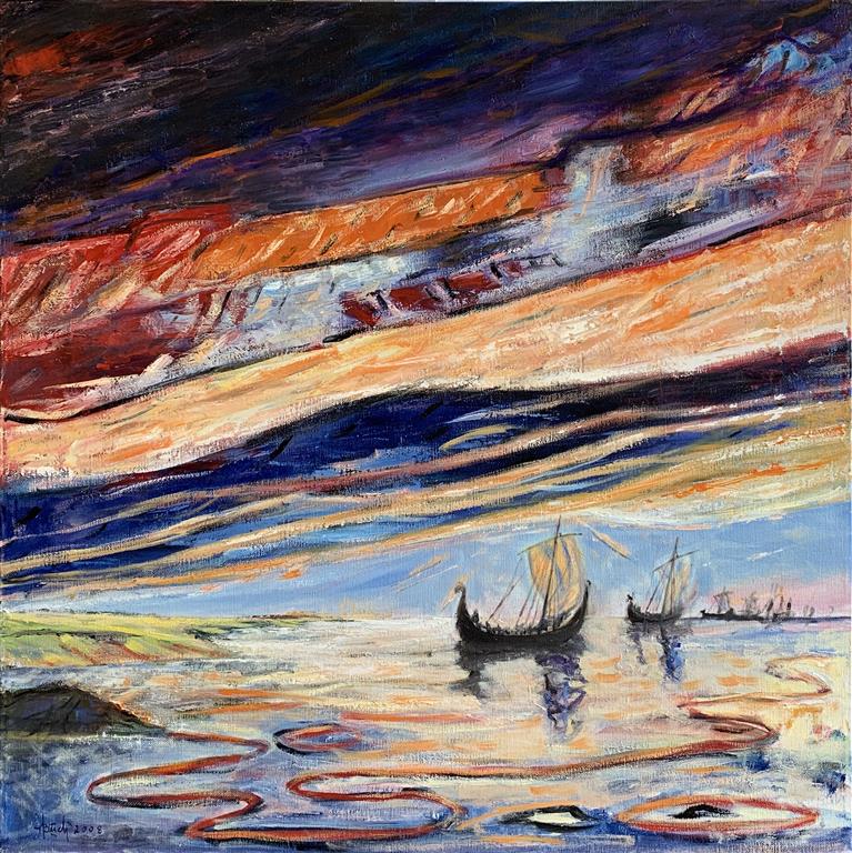 Erling Skjalgsson seiler ut fra Jæren Akrylmaleri (80x80 cm) kr 8000 ur