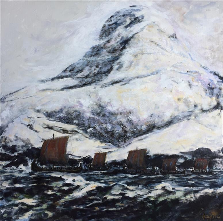 Vikingskip ved Sognnes Akrylmaleri (100x100 cm) kr 12000 ur
