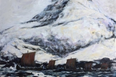 Vikingskip ved Sognnes Akrylmaleri (100x100 cm) kr 12000 ur