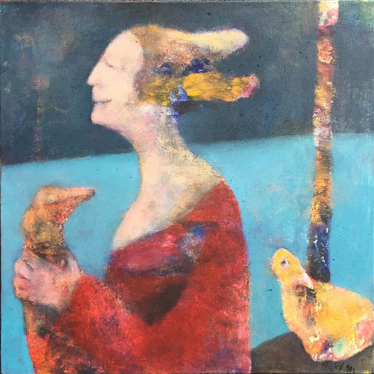 En fugl i hånden Akrylmaleri (50x50 cm) kr 4800 ur